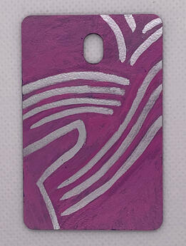 Silver lines that curve around the grain of thin wood painted purple as a background. Some lines flow upward while others curve downward. There are 4 lines which cut across the middle like a wing, making the shape vaguely resemble a chicken without a head.