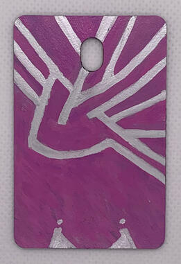 Silver lines with a purple background. The central figure is an abstracted heart shape (anatomical, not symbolic) that connects to the top of the picture by outstretched lines. They might resemble sunrays. There are two tiny figures kneeling beneath it.