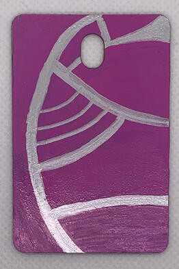 Silver lines that curve around the grain of thin wood painted purple. The central figure is vaguely person shaped, wearing a cape-like garment that flairs as they throw themselves into motion. There’s an instrument sprouting from where their mouth would be