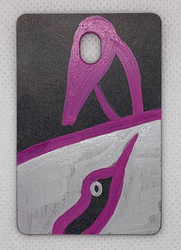 The background is half silver, half black, split horizontally. There is a small purple bird perched in silver, and a bigger, scarier purple bird settled against the dark, perched on the diving line.